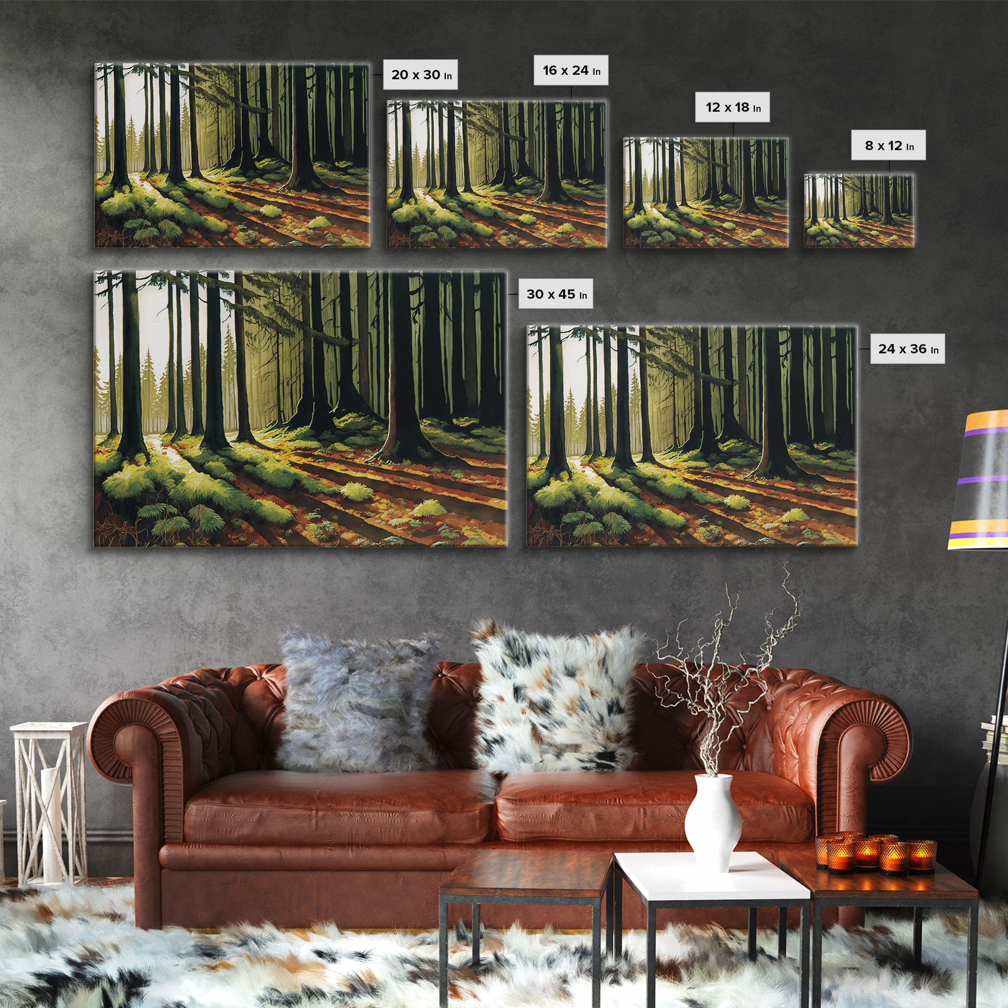 Watercolor of a sunset in a fall forest, framed canvas print, framed wall art, living room wall decor, autumn tones
