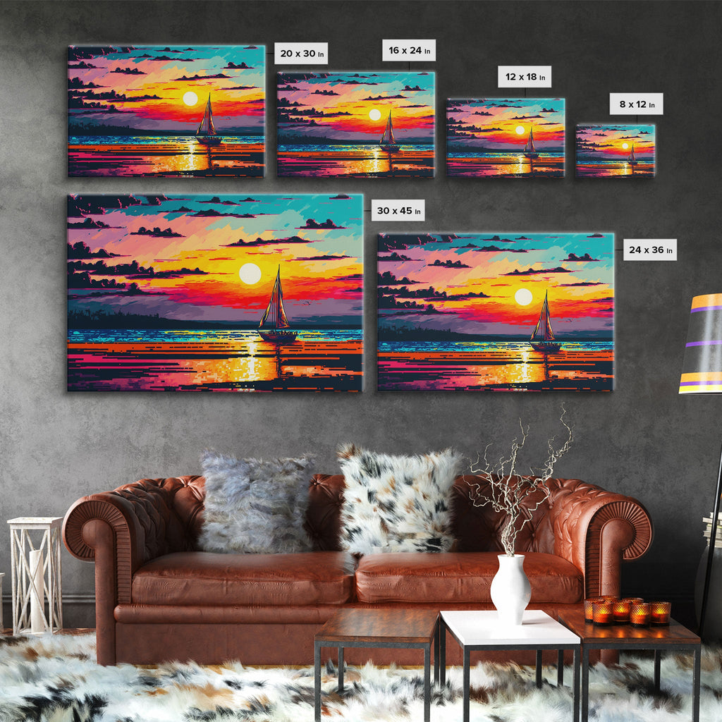 Sailing at Sunset, Watercolor Painting Canvas Print, Framed Wall Art, Unique Sunset Pop Art Ocean Landscape Decor | | Wiccan Center