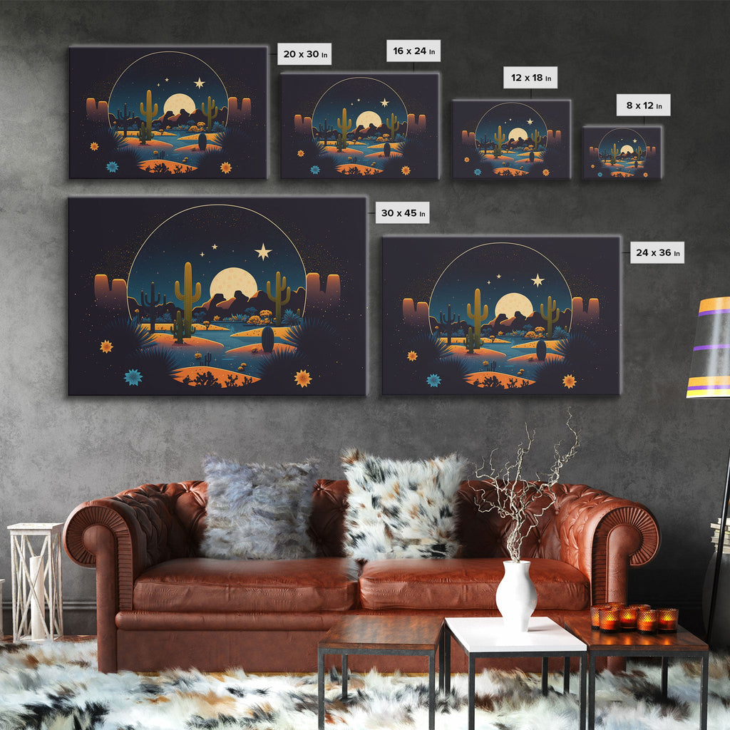 Retro Art Deco Style Pueblo Desert Art, Cactus Desert Landscape under a Full Moon, Framed Canvas Print, Cute Western Decor | | Wiccan Center