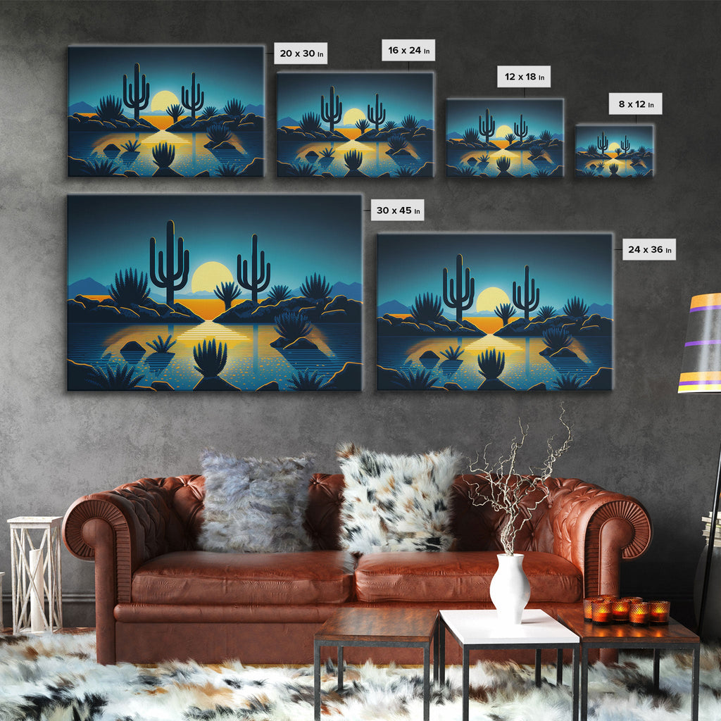 Retro Art Deco Style Pueblo Desert Art, Cactus Desert Landscape under a Full Moon, Framed Canvas Print, Cute Western Decor | | Wiccan Center