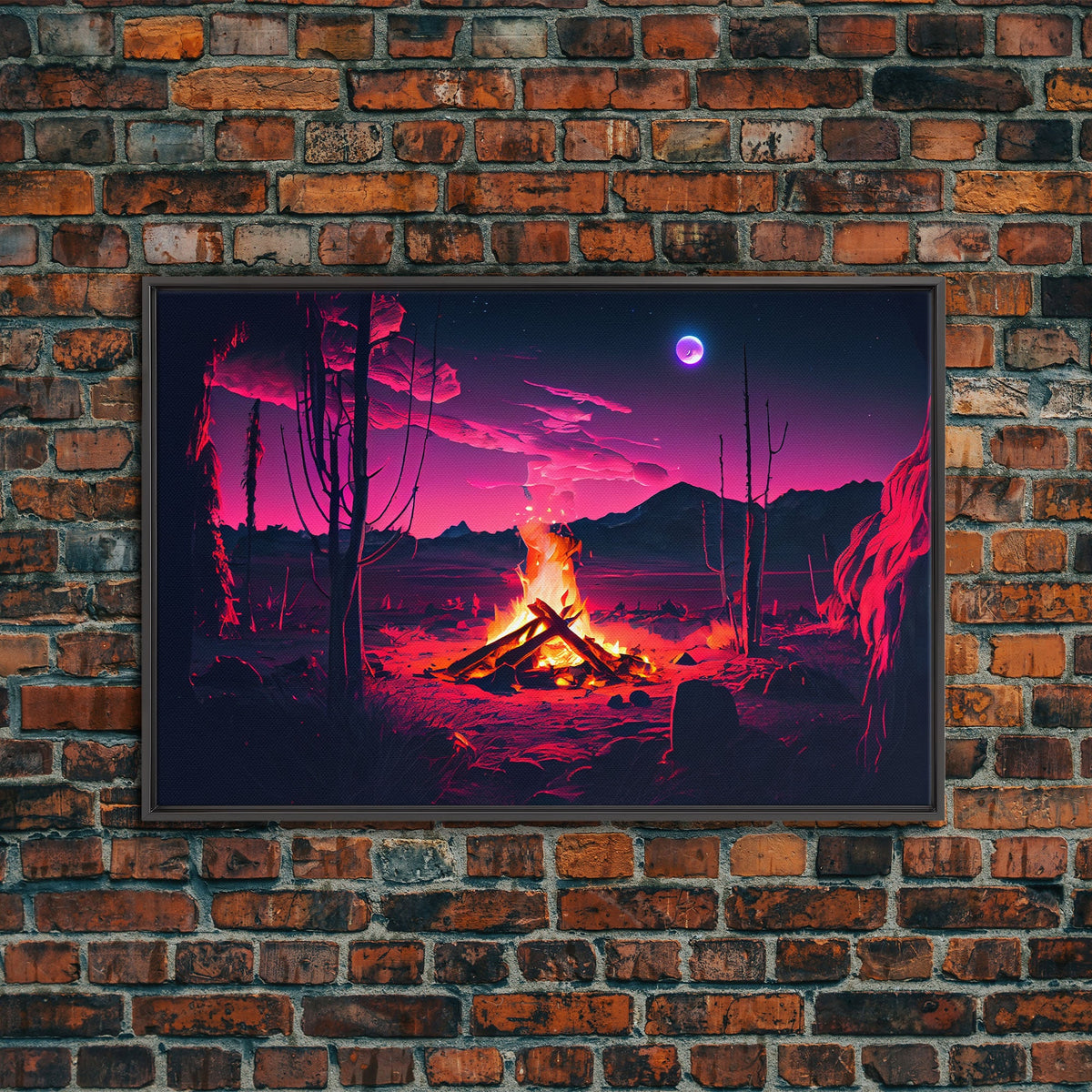Primitive Art, Campfire Painting Print, Framed Canvas Print, Synthwave Farmhouse Decor | | Wiccan Center