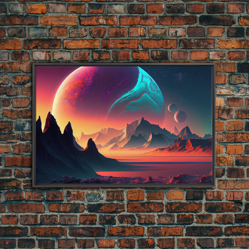 3 Moon Fantasy World, Retro Style Sci-Fi Art, Framed Canvas Print, Futuristic Art, Fantasy Decor | | Wiccan Center