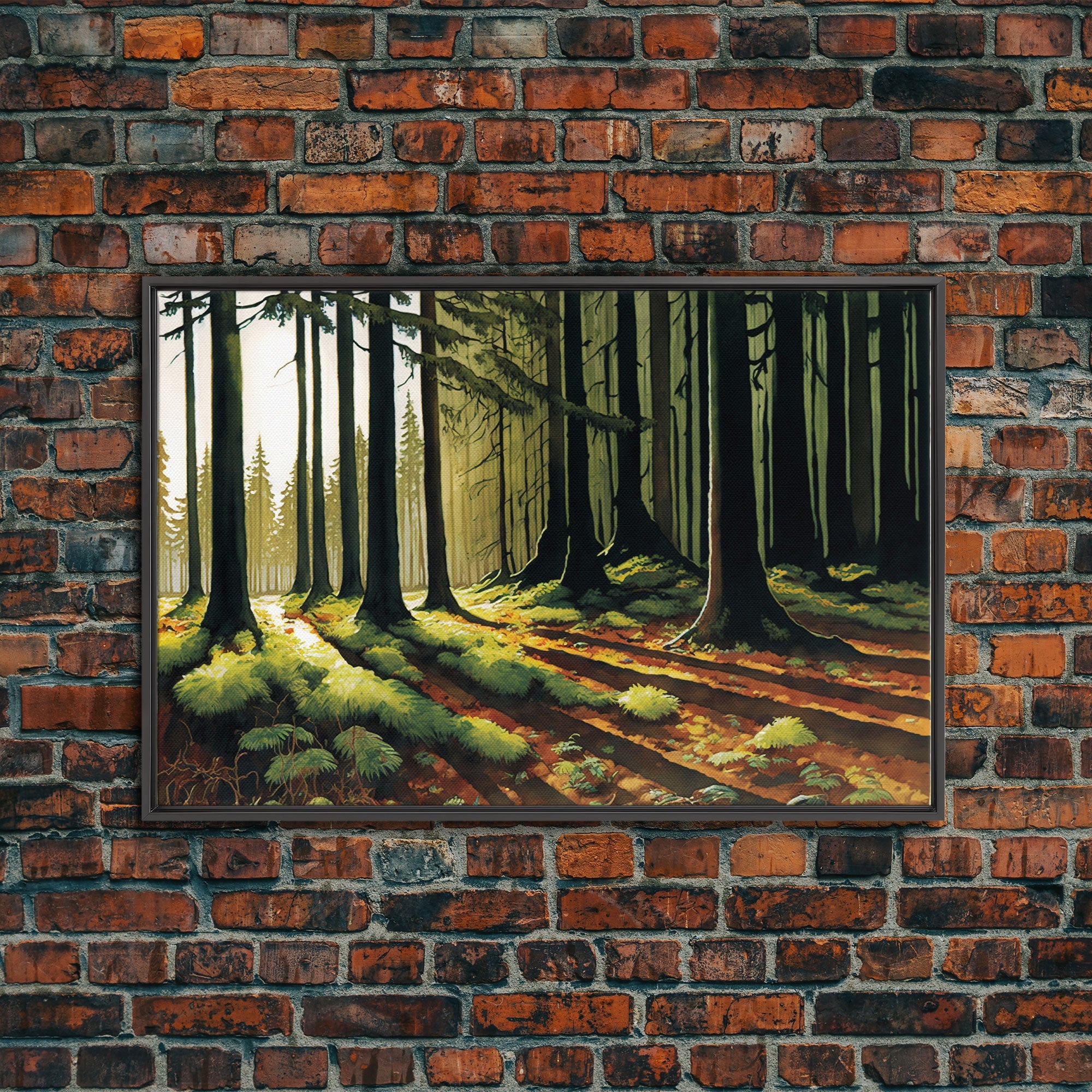Watercolor of a sunset in a fall forest, framed canvas print, framed wall art, living room wall decor, autumn tones
