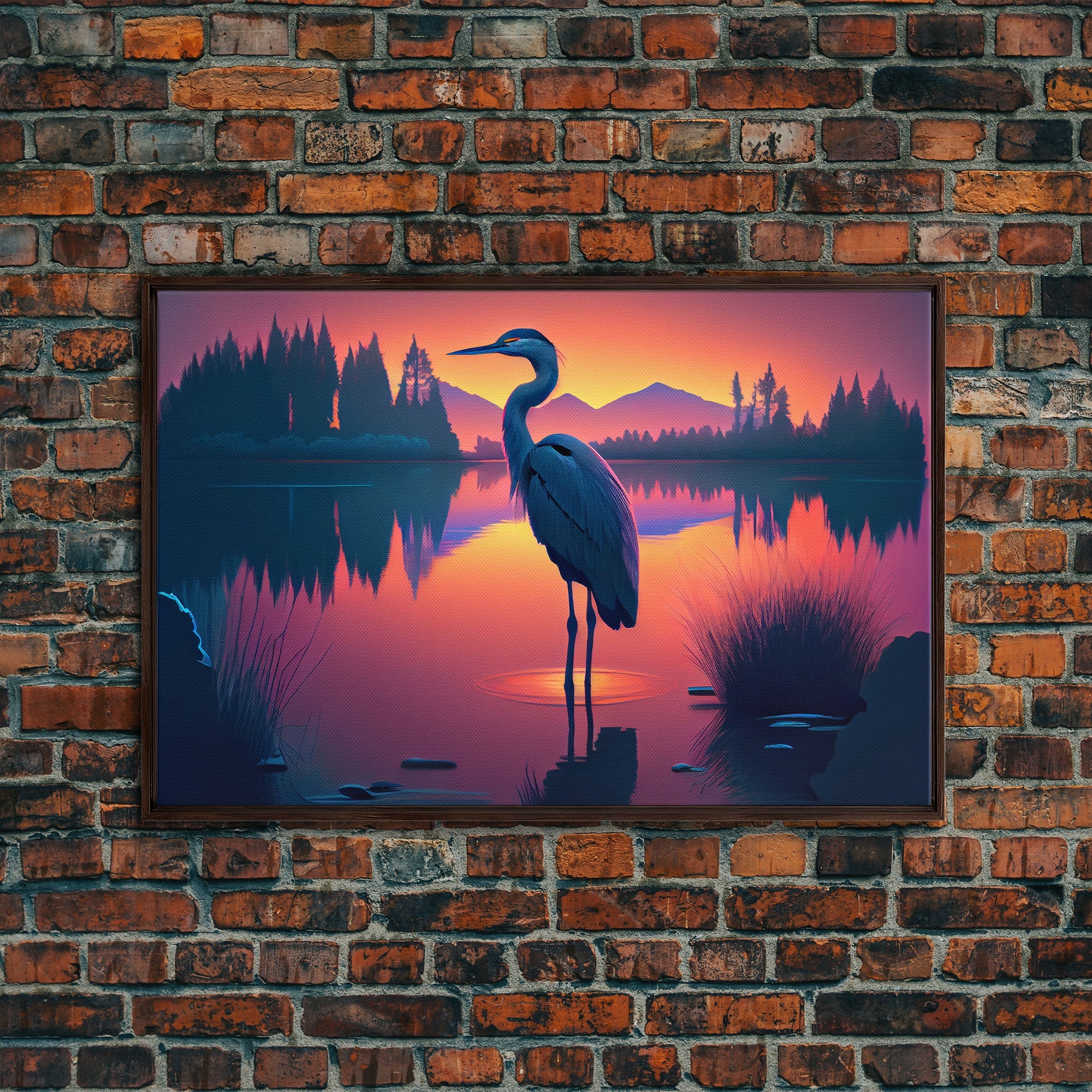 A stork standing in a calm lake at sunset, framed canvas print