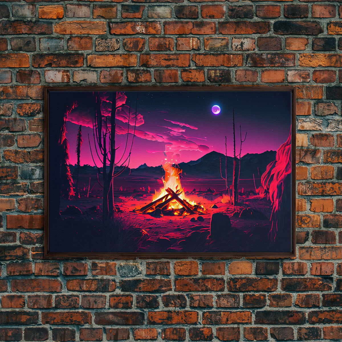 Primitive Art, Campfire Painting Print, Framed Canvas Print, Synthwave Farmhouse Decor | | Wiccan Center