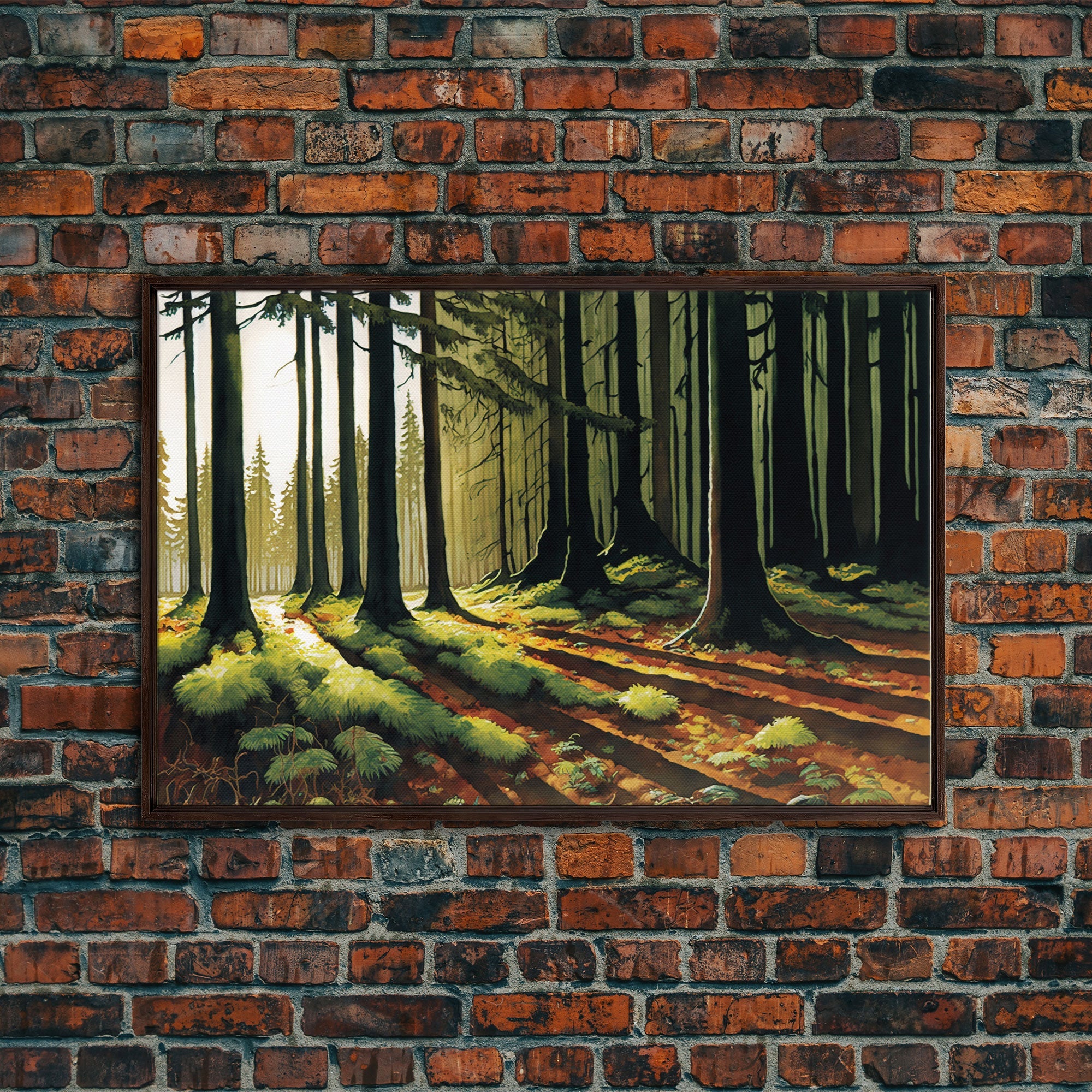 Watercolor of a sunset in a fall forest, framed canvas print, framed wall art, living room wall decor, autumn tones