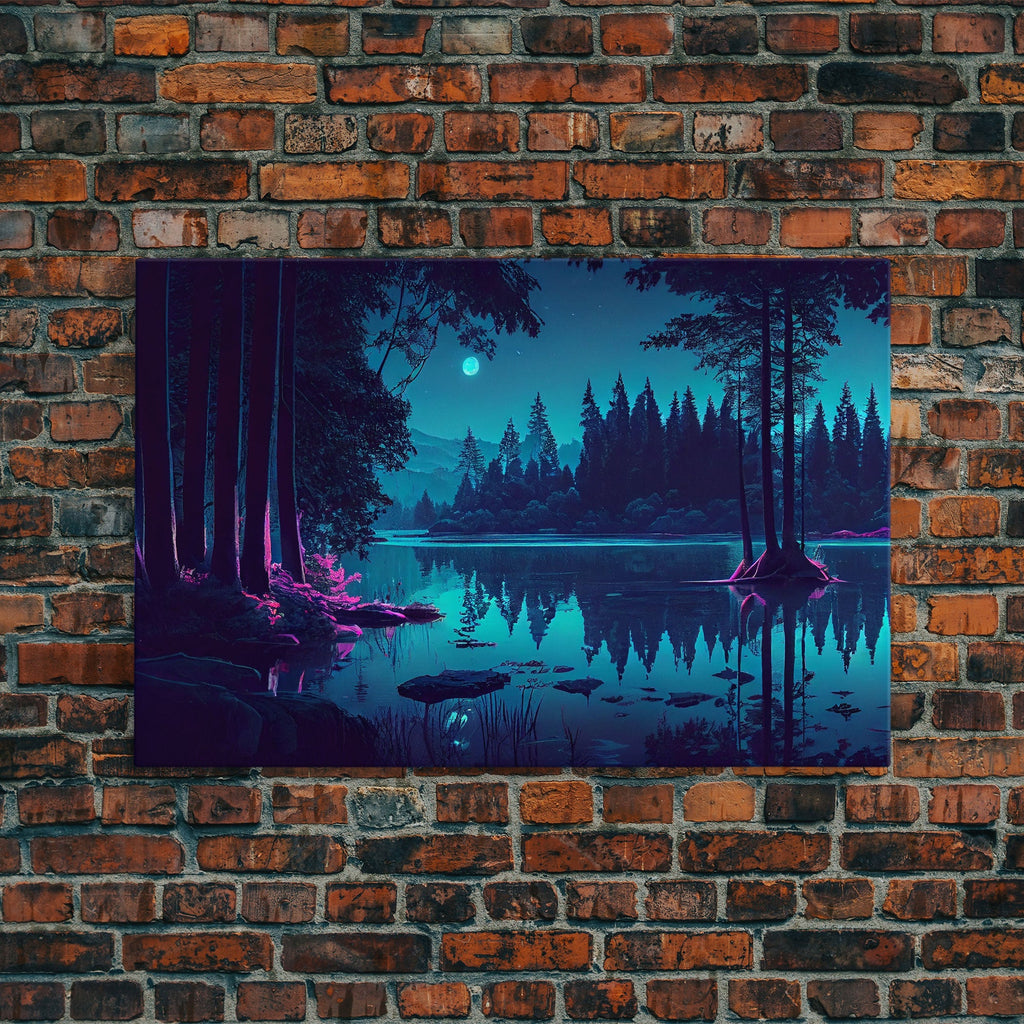 Vaporwave Full moon over the lake at midnight, framed canvas print, subdued art, watercolor painting print | | Wiccan Center