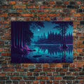 Vaporwave Full moon over the lake at midnight, framed canvas print, subdued art, watercolor painting print | | Wiccan Center