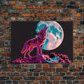 Howl at the moon, wolf art, framed canvas print, synthwave / vaporwave art
