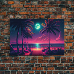 Outrun style full moon lit beach, framed canvas print, synthwave palm tree & beach art | | Wiccan Center