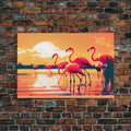 Pink Flamingos at Sunset, framed canvas print, vaporwave vibes art