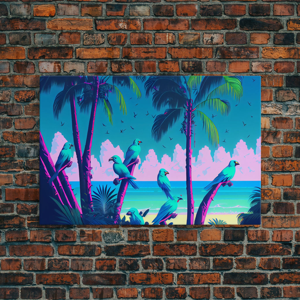 Tropical birds of paradise, synthwave, vaporwave wall art, framed canvas print | | Wiccan Center