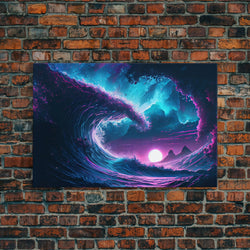 The Wave, Synthwave style ocean art, sunset in a wave, framed canvas print | | Wiccan Center