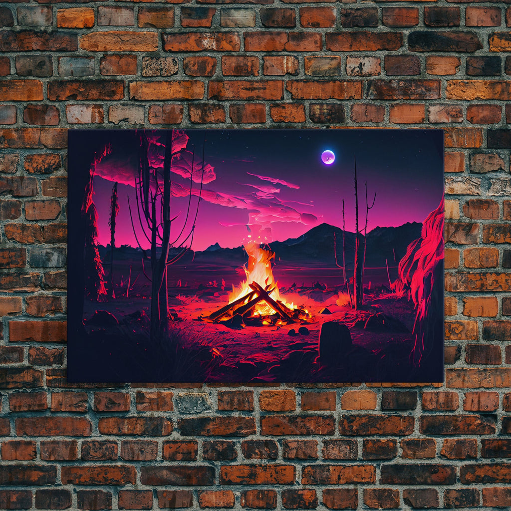 Primitive Art, Campfire Painting Print, Framed Canvas Print, Synthwave Farmhouse Decor | | Wiccan Center