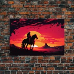 Retro Wildwest Sunset Art, Framed Canvas Print, Native American Warrior on Horseback | | Wiccan Center