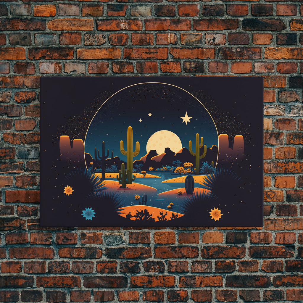 Retro Art Deco Style Pueblo Desert Art, Cactus Desert Landscape under a Full Moon, Framed Canvas Print, Cute Western Decor | | Wiccan Center