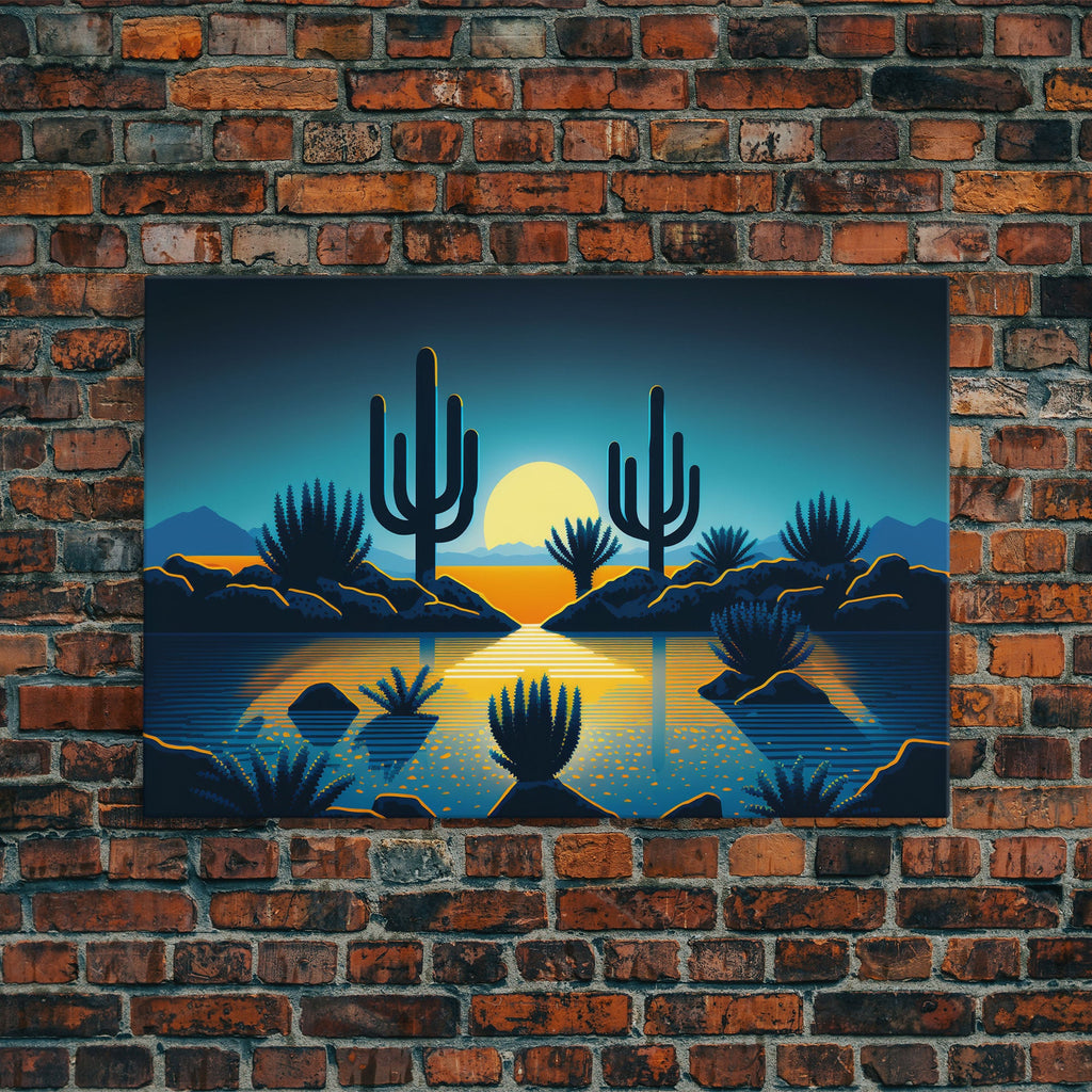 Retro Art Deco Style Pueblo Desert Art, Cactus Desert Landscape under a Full Moon, Framed Canvas Print, Cute Western Decor | | Wiccan Center