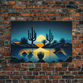 Retro Art Deco Style Pueblo Desert Art, Cactus Desert Landscape under a Full Moon, Framed Canvas Print, Cute Western Decor | | Wiccan Center