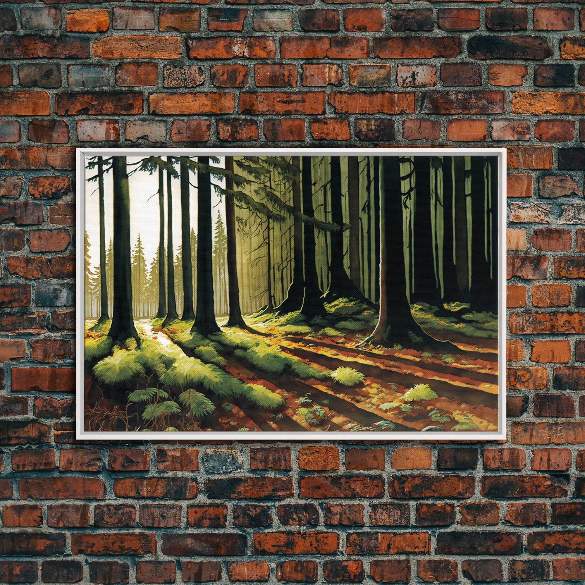Watercolor of a sunset in a fall forest, framed canvas print, framed wall art, living room wall decor, autumn tones