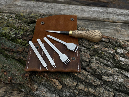 4-Piece Diamond Style Leather Pricking Iron and Hand-Forged Awl | Tool Sets | Wiccan Center