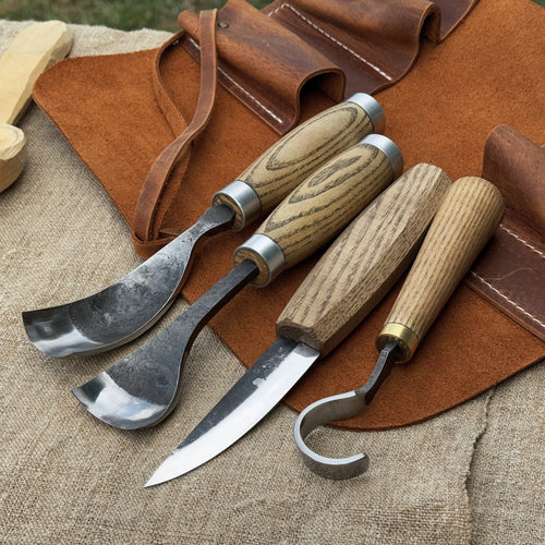 4-Piece Spoon Carving Tool Set with Leather Roll | Tool Sets | Wiccan Center