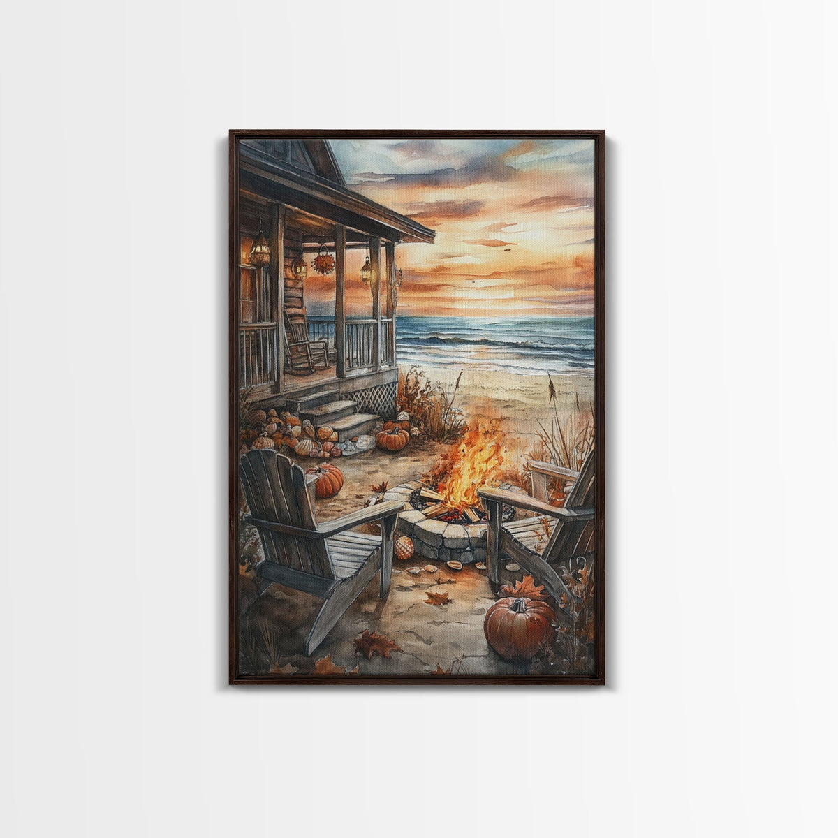 Beach Campfire On The Fall, Framed Canvas Print, Boho Beach Art Nautical Decor, Modern Christmas / Thanksgiving Gift Wall Art | | Wiccan Center