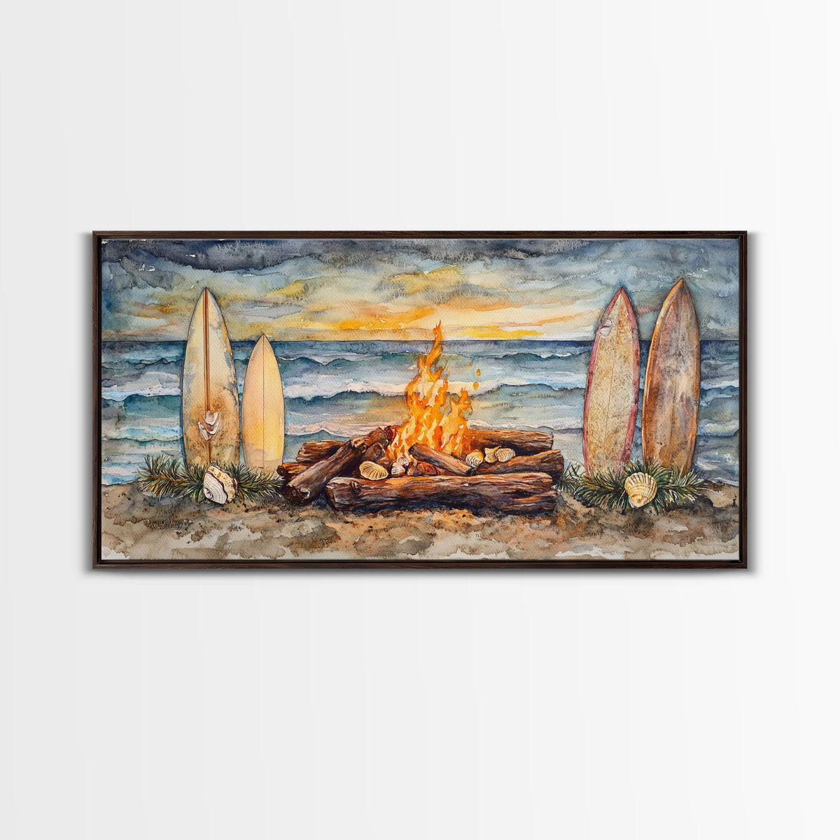 Surfboards And Bonfire On The Beach At Sunset, Tropical Coastal Wall Art, Beach Christmas Decor, Framed Canvas Print | | Wiccan Center