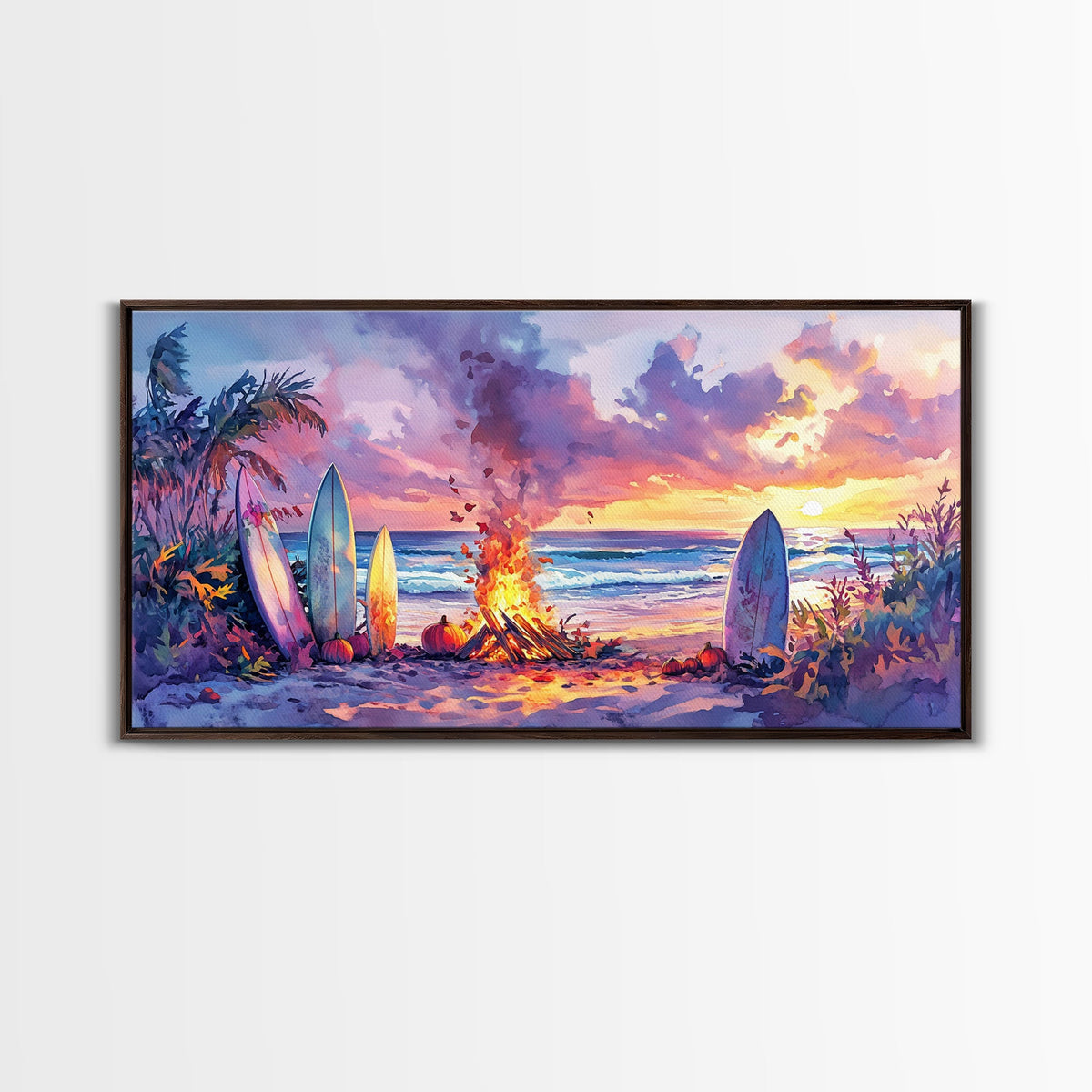 Surfboards And Bonfire At Sunset With Pumpkins, Tropical Beach Christmas Wall Art, Coastal Holiday Framed Canvas Print | | Wiccan Center