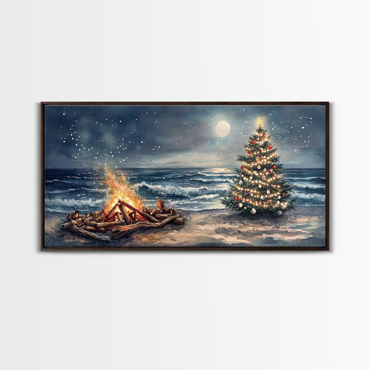 Cozy Bonfire On Beach With Christmas Tree Framed Canvas Print, Nighttime Winter Beach Holiday Wall Art And Coastal Decor | | Wiccan Center