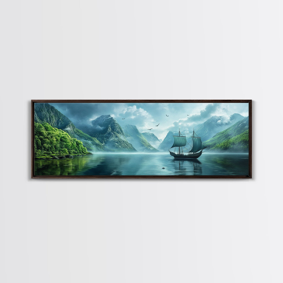 Pirate Ship In The Bay - Framed Canvas Print - Fantasy Decor - Original Landscape Oil Painting - Vintage Ship Painting - Panoramic Art