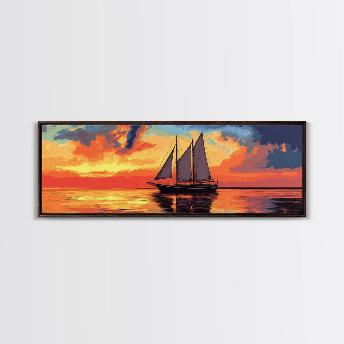 Pirate Ship at Sunset Framed Canvas Print - Panoramic Wall Art - Sailboat Painting - Sail Boat Art - Nautical Decor - Lake House Art | | Wiccan Center
