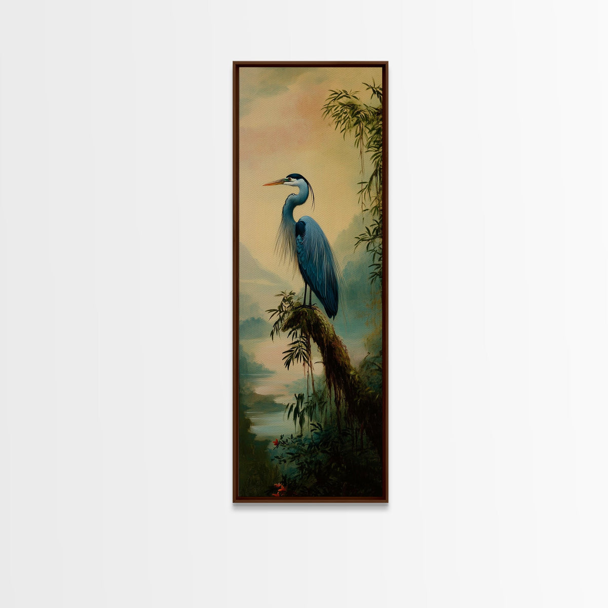 Framed Canvas Print Blue Heron Landscape Bird Art Whimsical Wall Art Coastal Decor Cottagecore Rustic Decor Tall Skinny Art Bird Painting