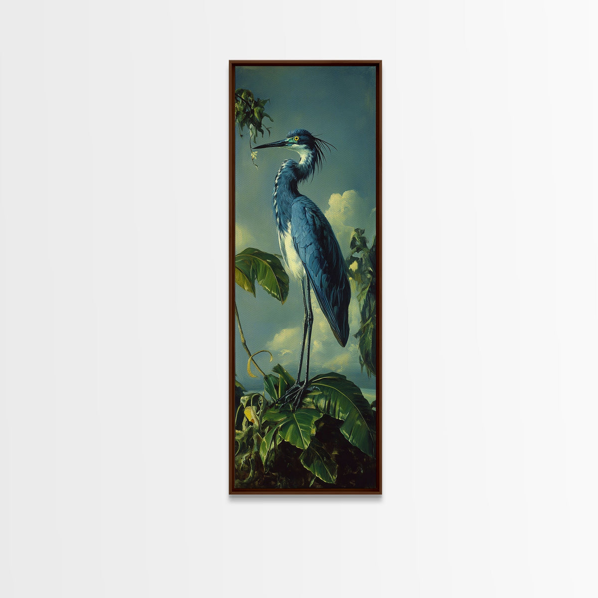 Framed Canvas Print Blue Heron Landscape Bird Art Coastal Decor Tall Narrow Art Whimsical Wall Art Cottagecore Gift Idea Bedroom Art