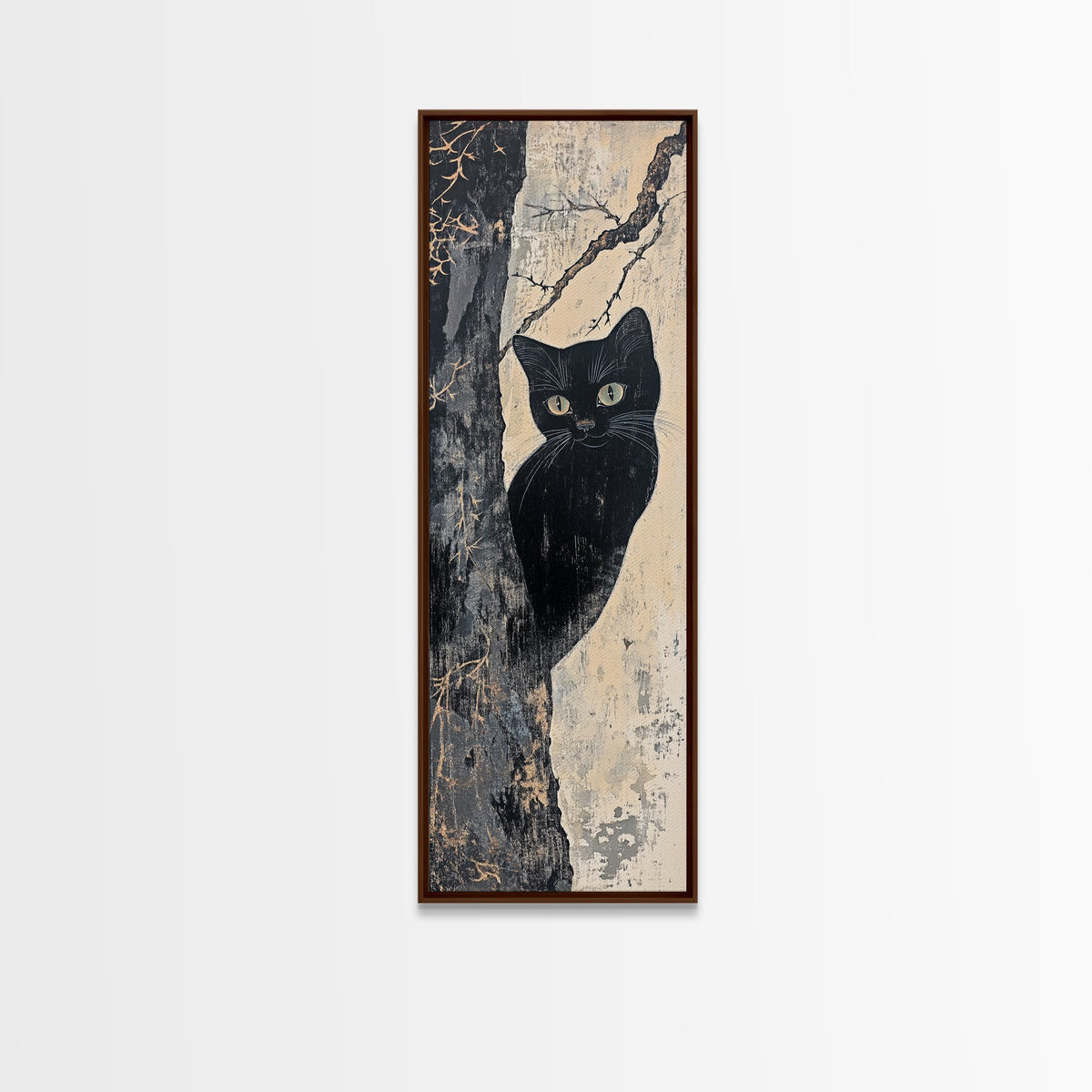 Canvas Print of Cat Peering Out from Tree, Whimsical Art, Rustic Wall Art, Above Sofa Art, Boho Art, Cottagecore Decor, Cozy Vibes