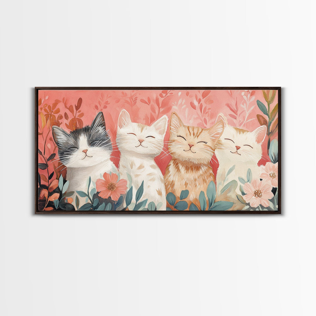 Cats and Flowers Painting Framed Canvas Print, Whimsical Pink Wall Art, Rustic Original Artwork, Cottagecore Decor Gift Idea