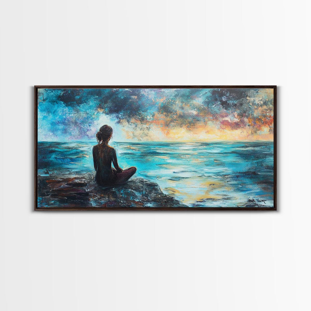 Woman Meditating Coastal Sunset Framed Canvas Print Yoga Art Nautical Wall Art Bedroom Decor Perfect Gift Idea Coastal Cowgirl Artwork | | Wiccan Center