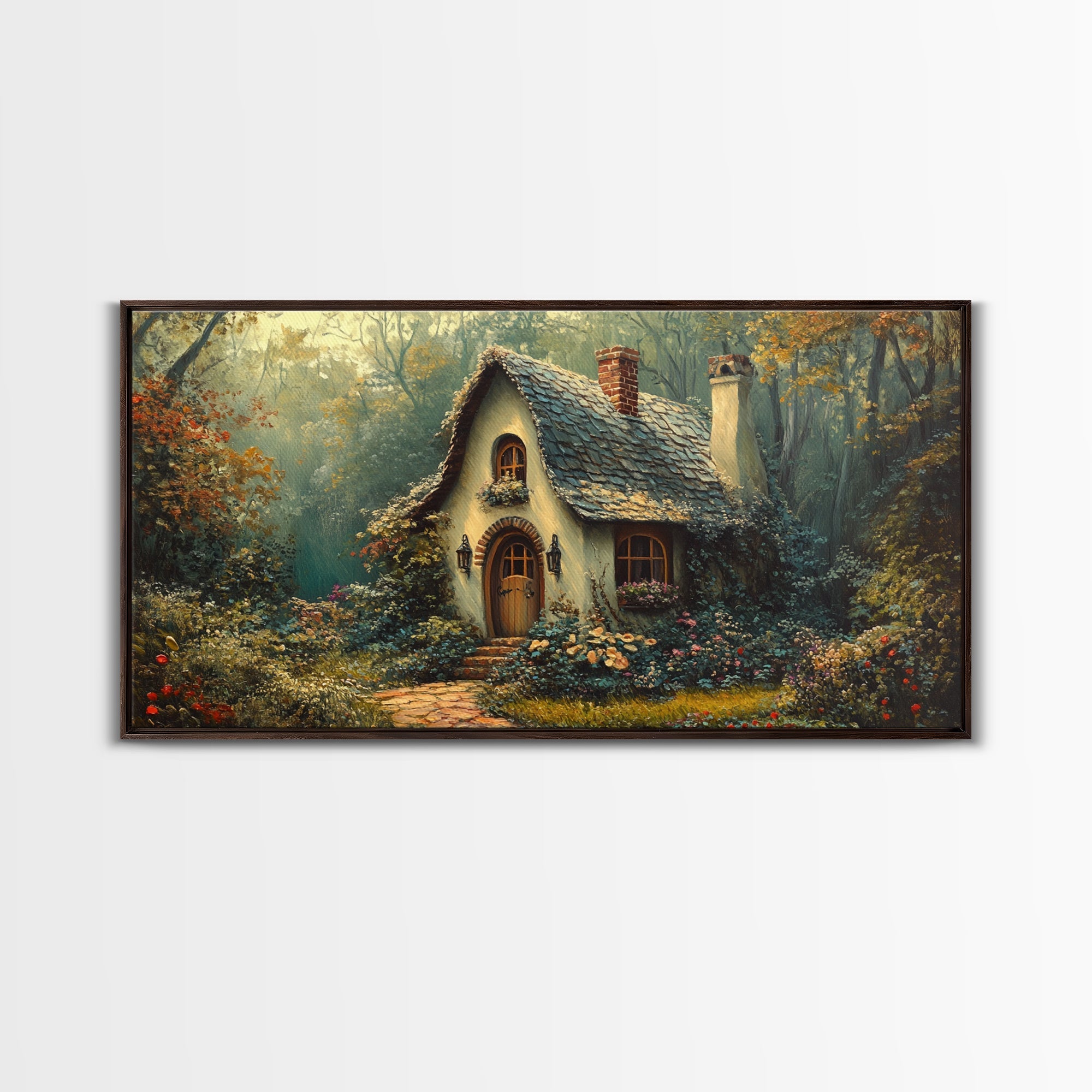 Enchanted Forest Cottage Framed Canvas Print Fairytale Cottagecore Rustic Wall Art Whimsical Landscape Painting Above Sofa Art Gift Idea