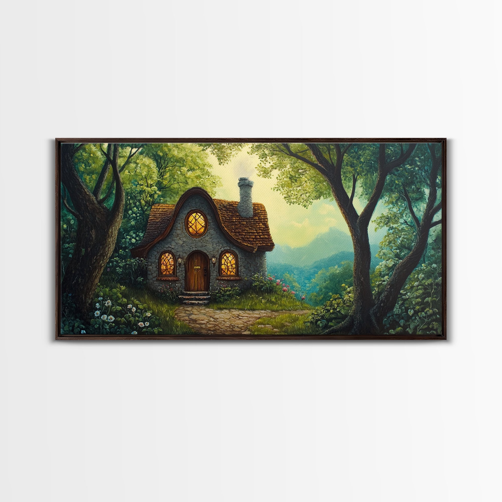Cozy Forest Cottage Canvas Print Cottagecore Landscape Art Rustic Home Decor Whimsical Above Bed Art Fairy Tale Wall Art Gift Idea