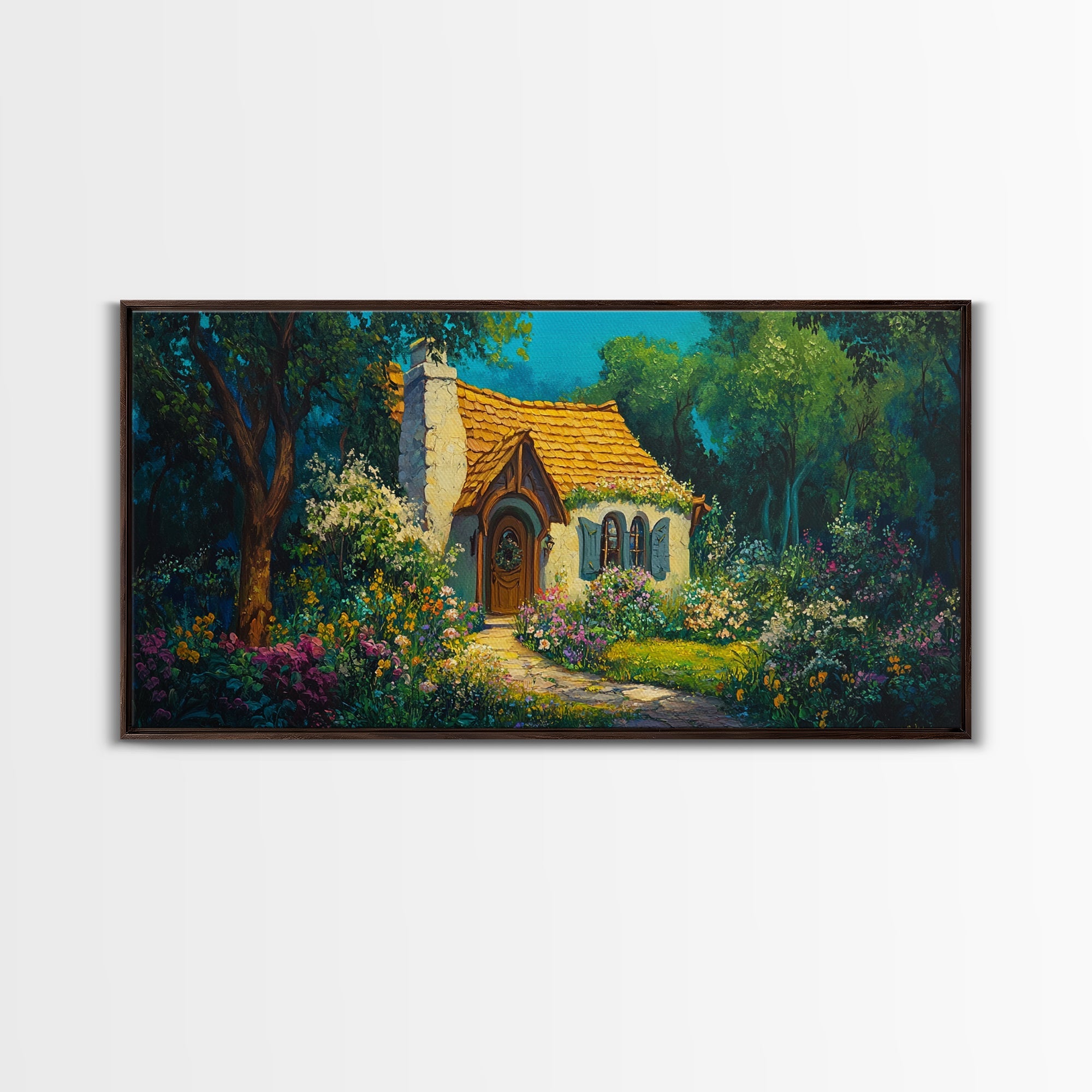 Garden Cottage Scene Framed Canvas Print Whimsical Cottagecore Art Rustic Wall Decor Fairytale Landscape Painting Guest Room Art