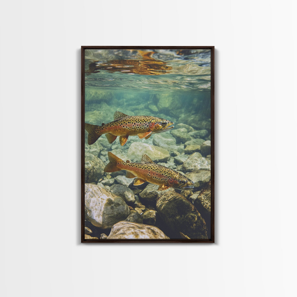 Vibrant Pair of Trout Framed Canvas Print Fly Fishing Art Rustic Wall Art Cottagecore Living Room Above Couch Cabin Decor