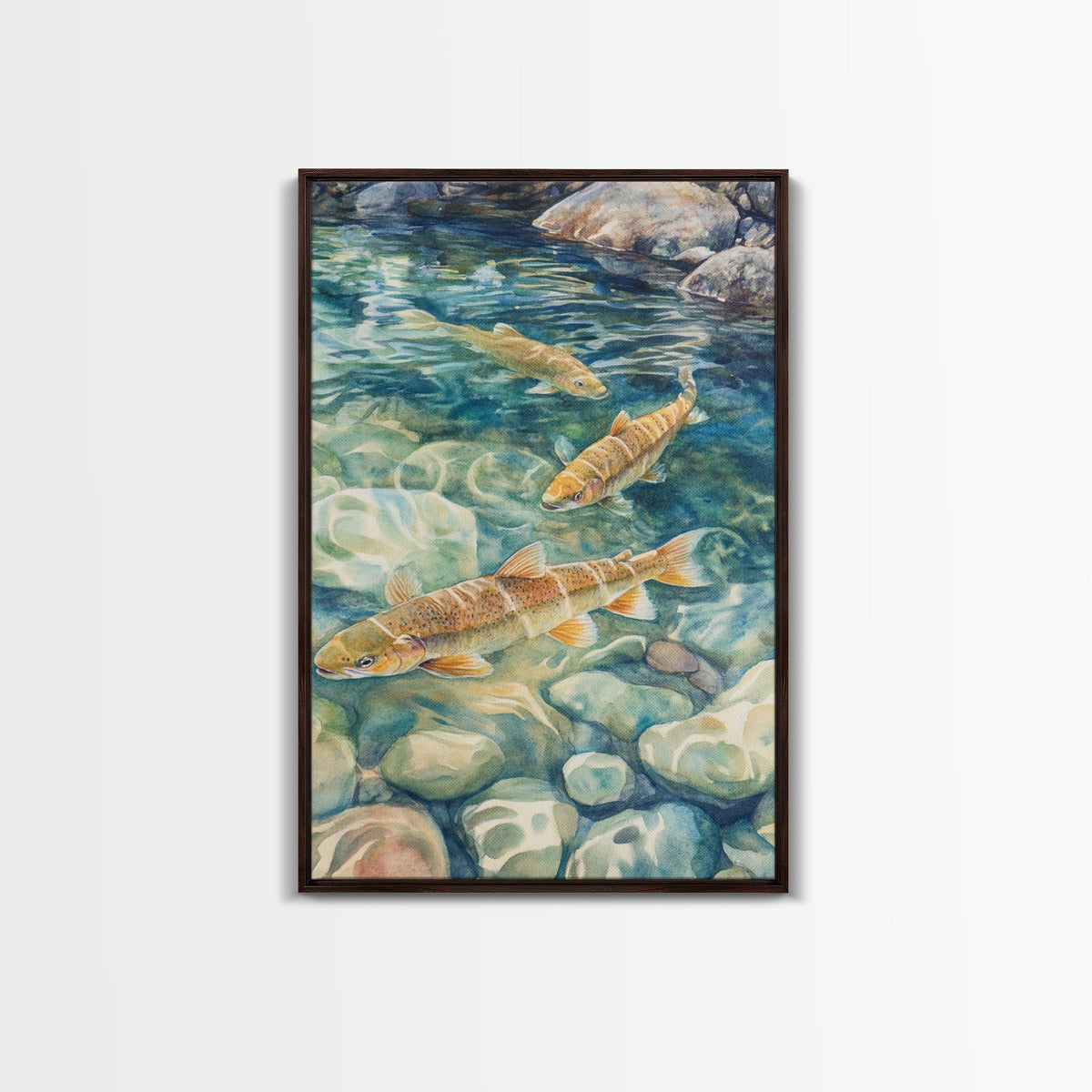 Gentle Swimming Trout Framed Canvas Print Fly Fishing Art Rustic Living Room Wall Art Cabin Decor Gift Idea Cottagecore