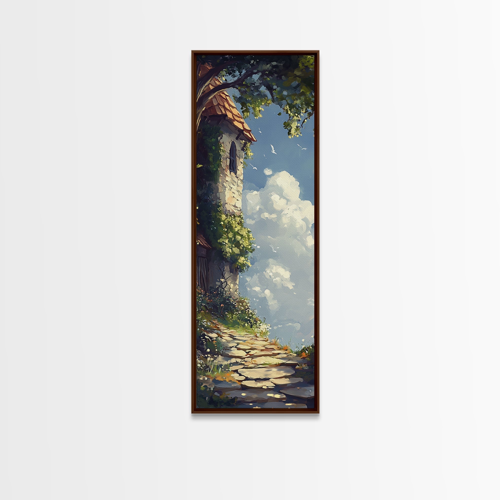 Cottage Tower, whimsical art, fairy tale painting, cottagecore wall art, rustic decor, framed canvas print, vertical wall art