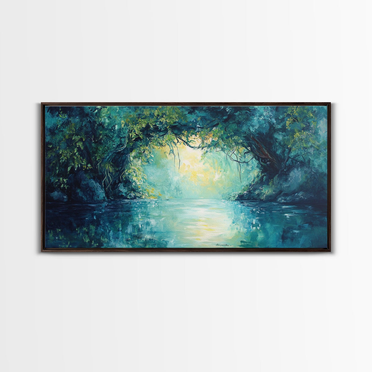 Mystical River, Framed Canvas Print, landscape painting, moody art, forest at dusk painting, teal wall art, extra wide art | | Wiccan Center