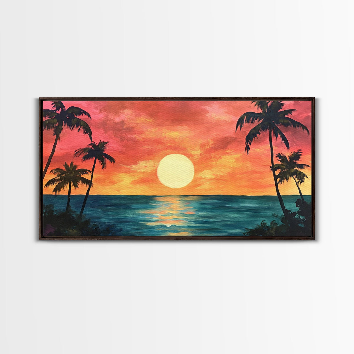 Tropical Sunset, Palm Tree Art, Coastal Cowgirl Wall Art, Hawaii Art, Ocean Landscape, Horizontal Wall Art, Framed Canvas Print | | Wiccan Center