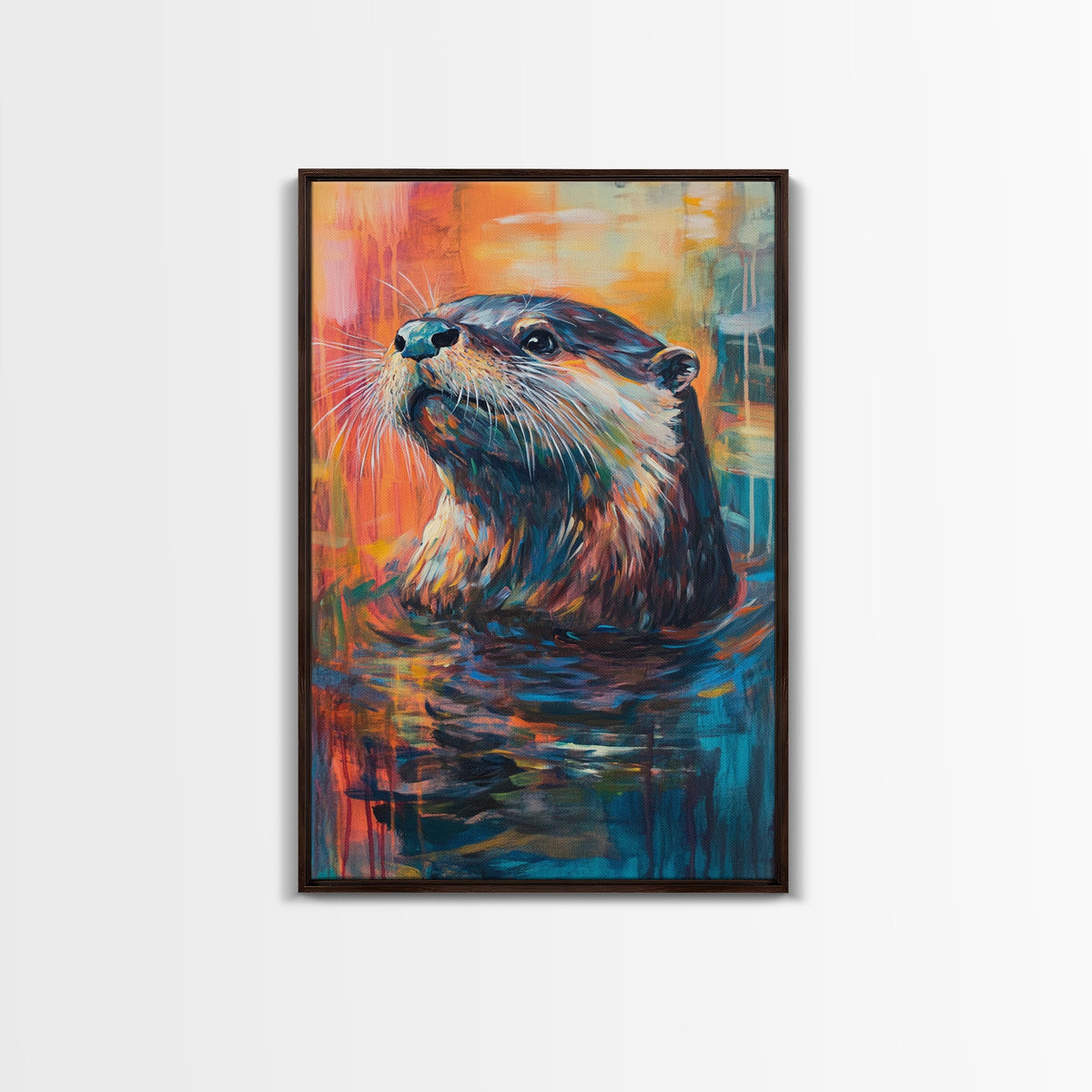 Otter Portrait, wildlife painting, whimsical art, blue and green wall art, Canvas Print, original painting, rustic wall art, gift idea