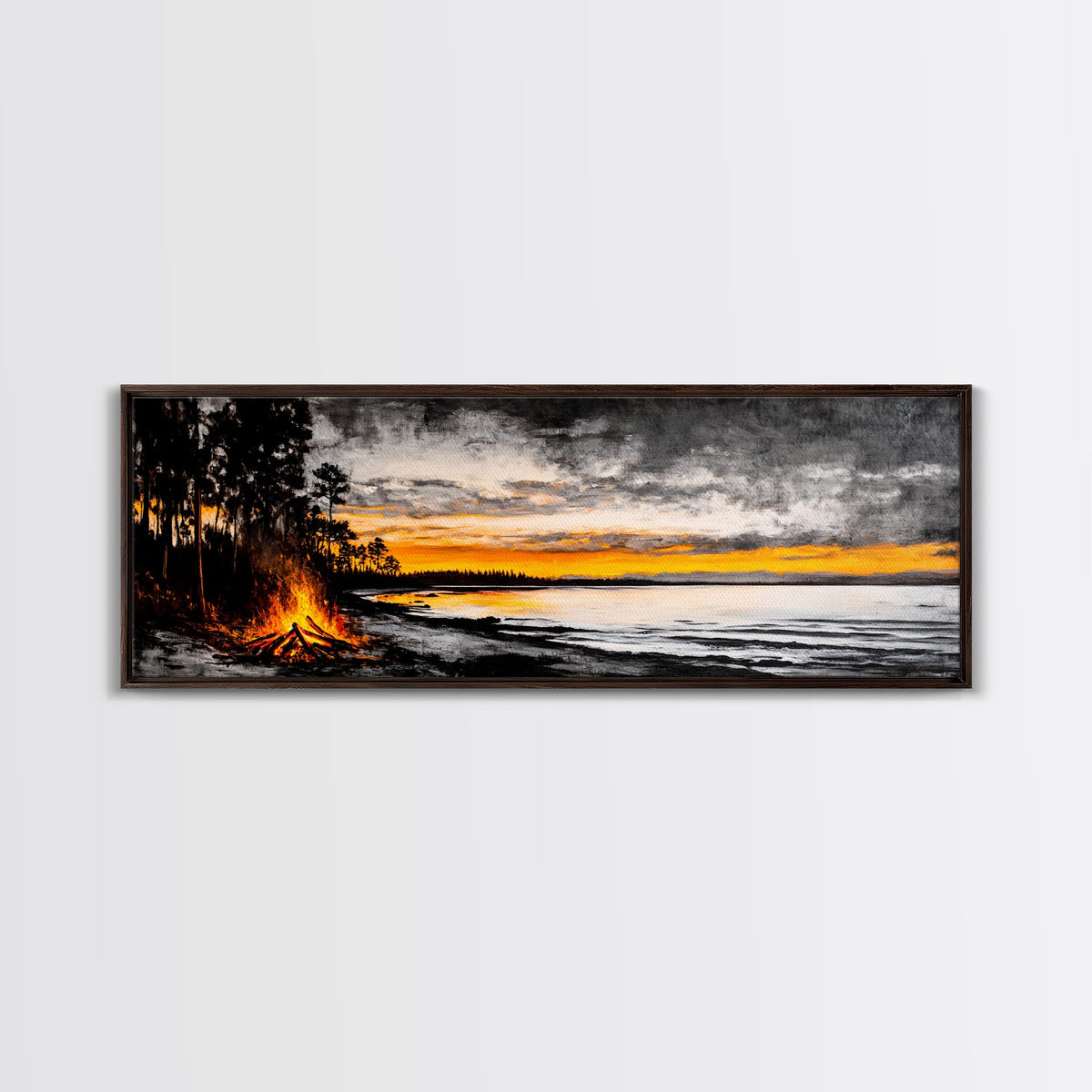 Campfire by Lake, Sunset Landscape Art, Cozy Rustic Print, Fall Wall Decor, Outdoor Adventure Canvas Print, Framed Canvas Print | | Wiccan Center