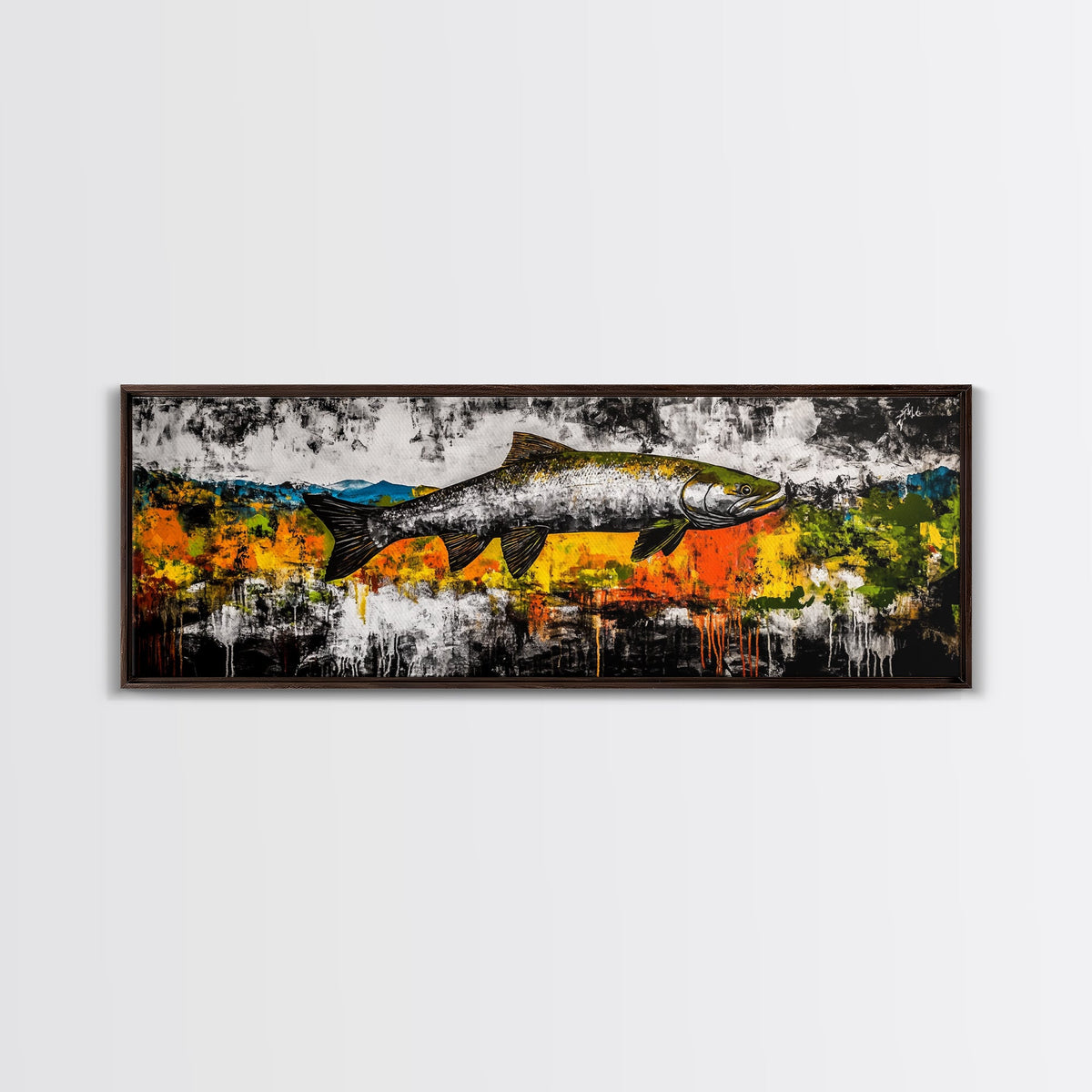 Salmon Wall Art, Rustic Fish Painting, Fishing Cabin Decor, Nature Wildlife Print, Lakehouse Art, Fall Colors, Framed Canvas Print