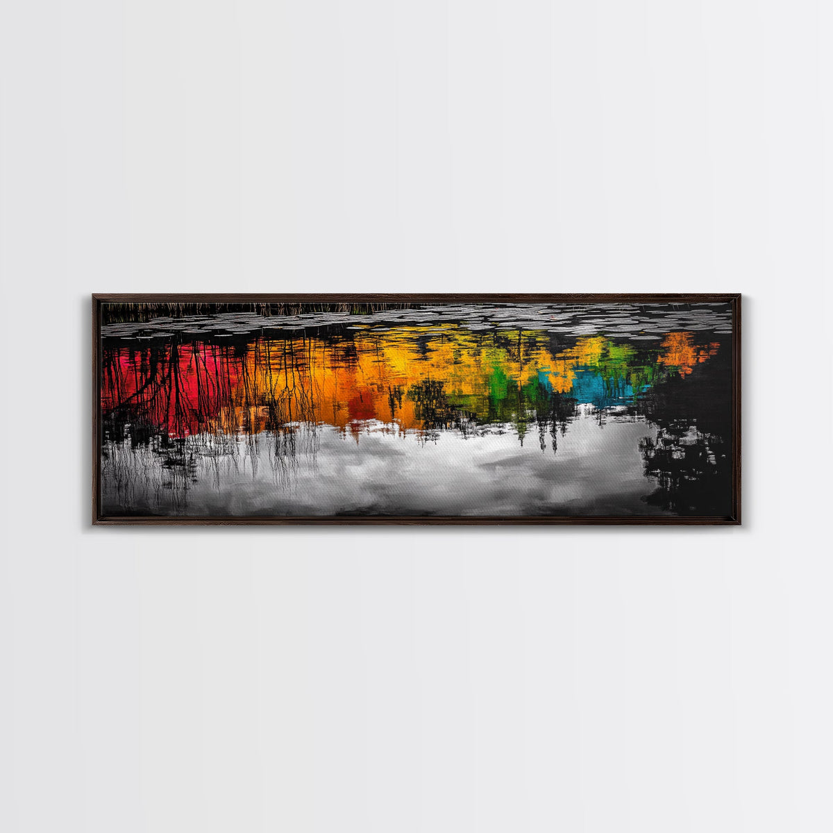 Colorful Reflection, Abstract Water Art, Nature Painting, Autumn Trees, Vibrant Colors, Black and White Contrast, Canvas Print | | Wiccan Center
