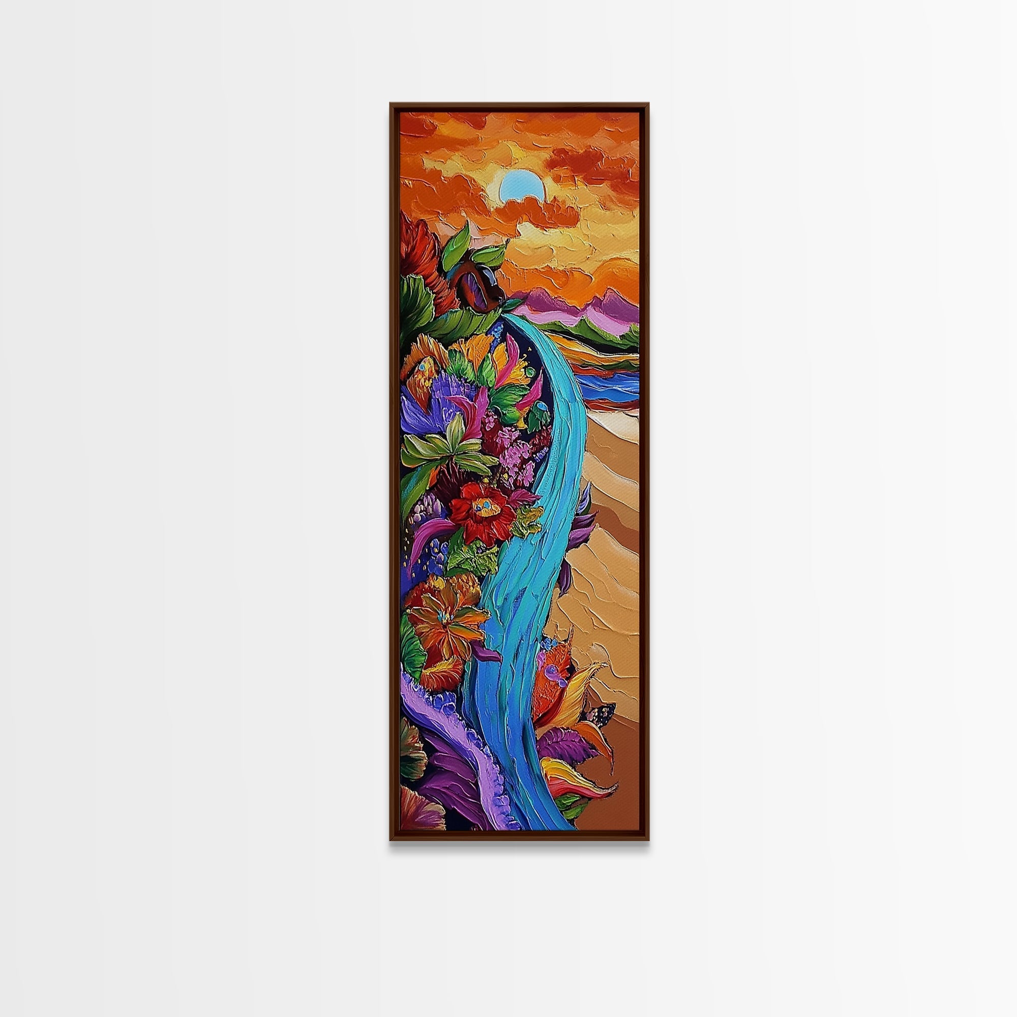 Sunset Waterfall, Floral Cliff, Magical River, Dreamy Boho Wall Art, Framed Canvas Print, Colorful Fall Living Room Decor