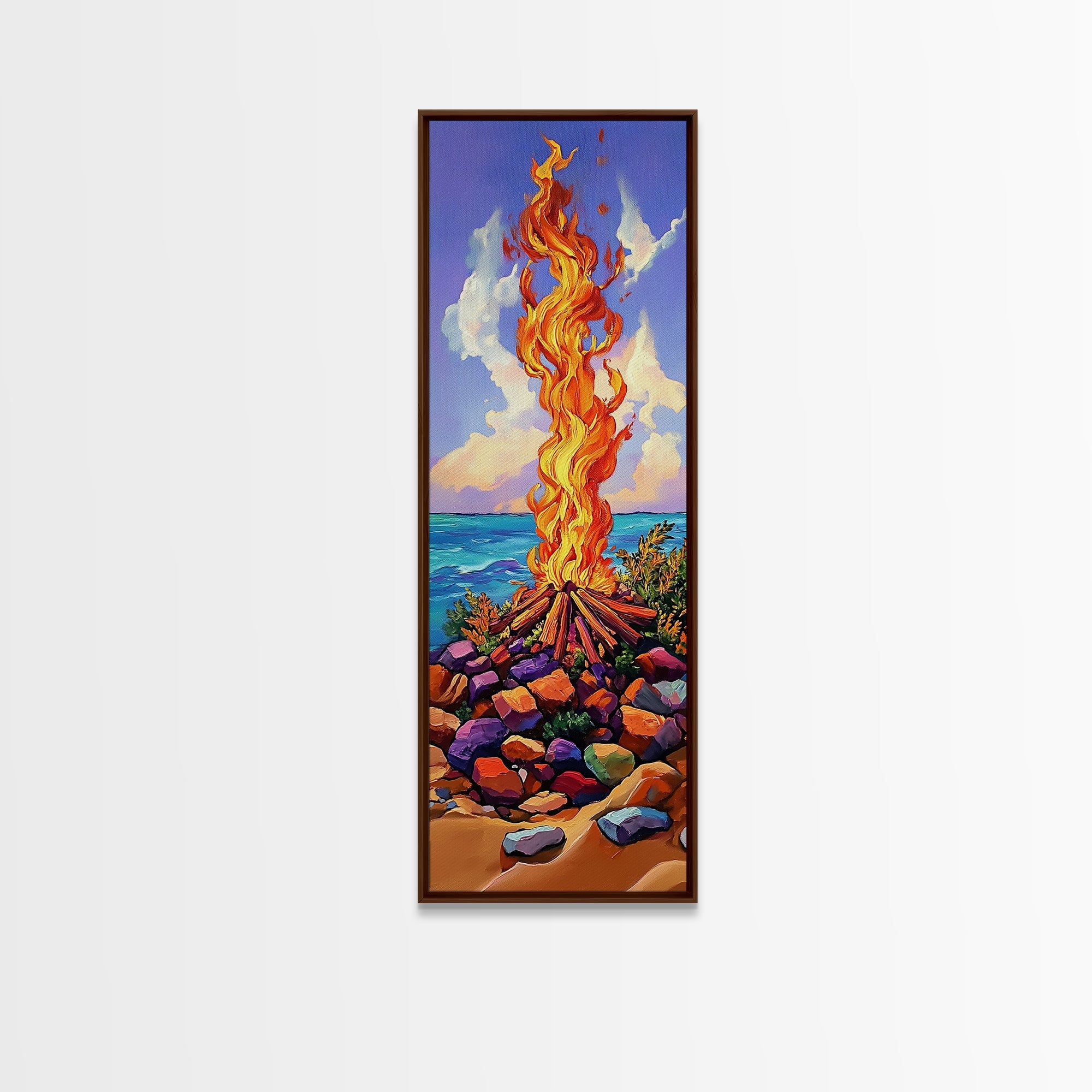 Campfire Ocean, Stones Sky – Coastal Bonfire Landscape, Colorful Nature Wall Art, Framed Canvas Print, Beach House or Cabin Decor | | Wiccan Center